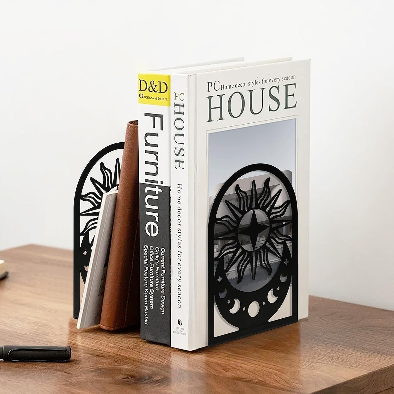 Metal Bookends / Bookend / Moon Phase / Black / Set of 2