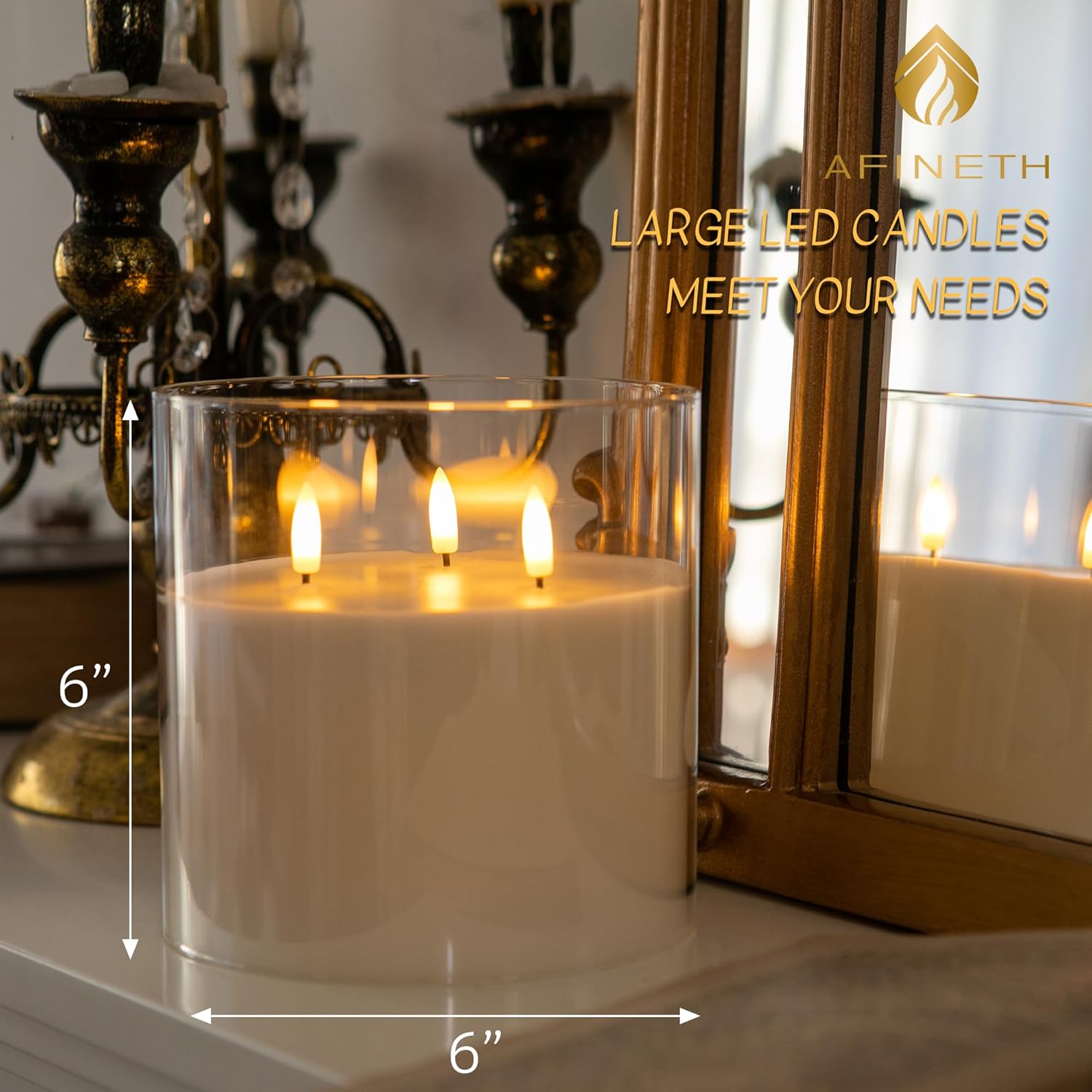 Extra Large Flameless Candles with 3 Wicks, 6"x6" Glass Battery Operated Candles with Remote, Real Wax Flickering LED