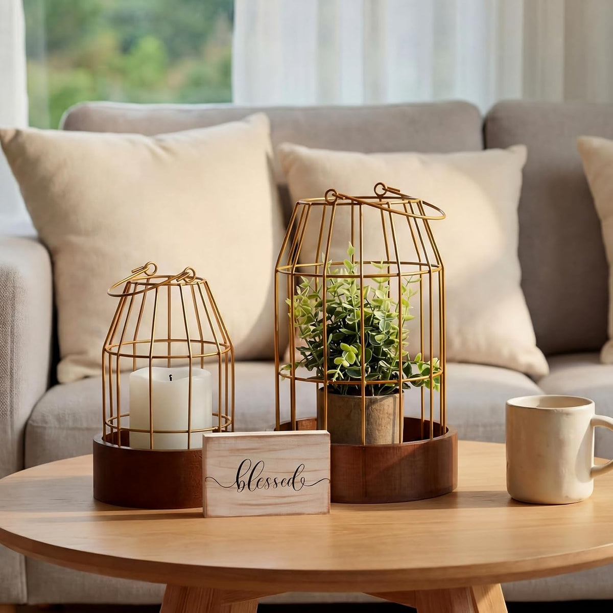 Modern Rustic Farmhouse Candle Lantern Set of 5, Large, Gold, Burlywood | Decorative Lanterns Centerpieces with Tray
