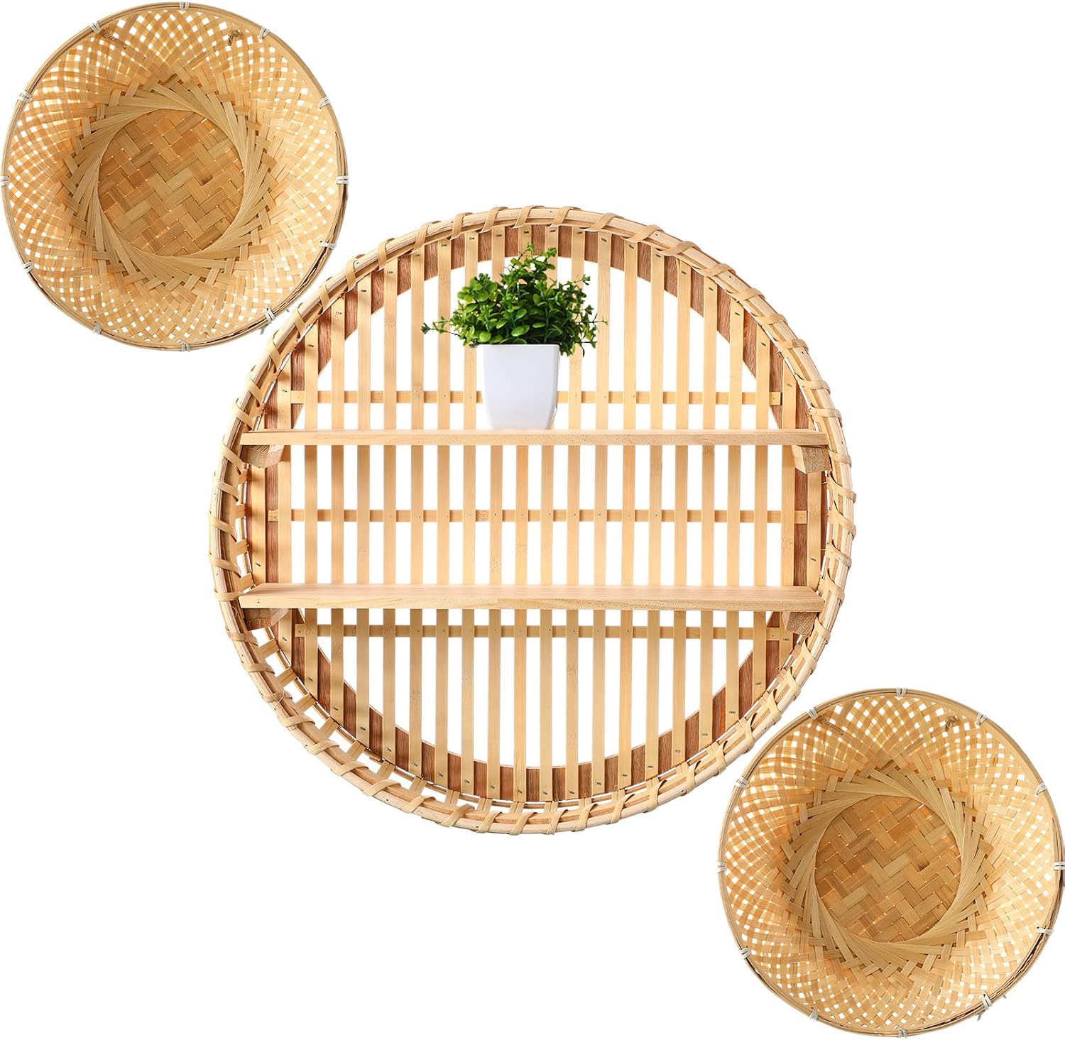 Wicker Baskets and Small Fake Plants Round / Set of 4