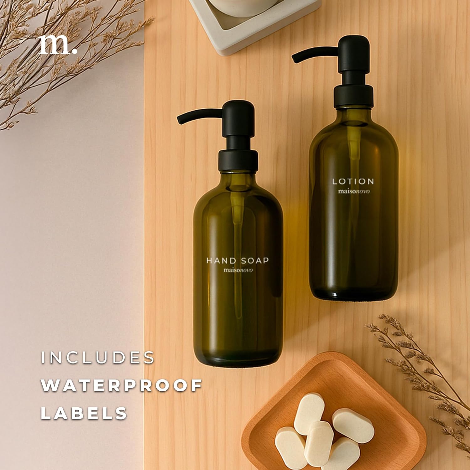 MaisoNovo Soap Dispenser 2-Piece Set | 16.9oz Green Bottles with Black Plastic Pumps