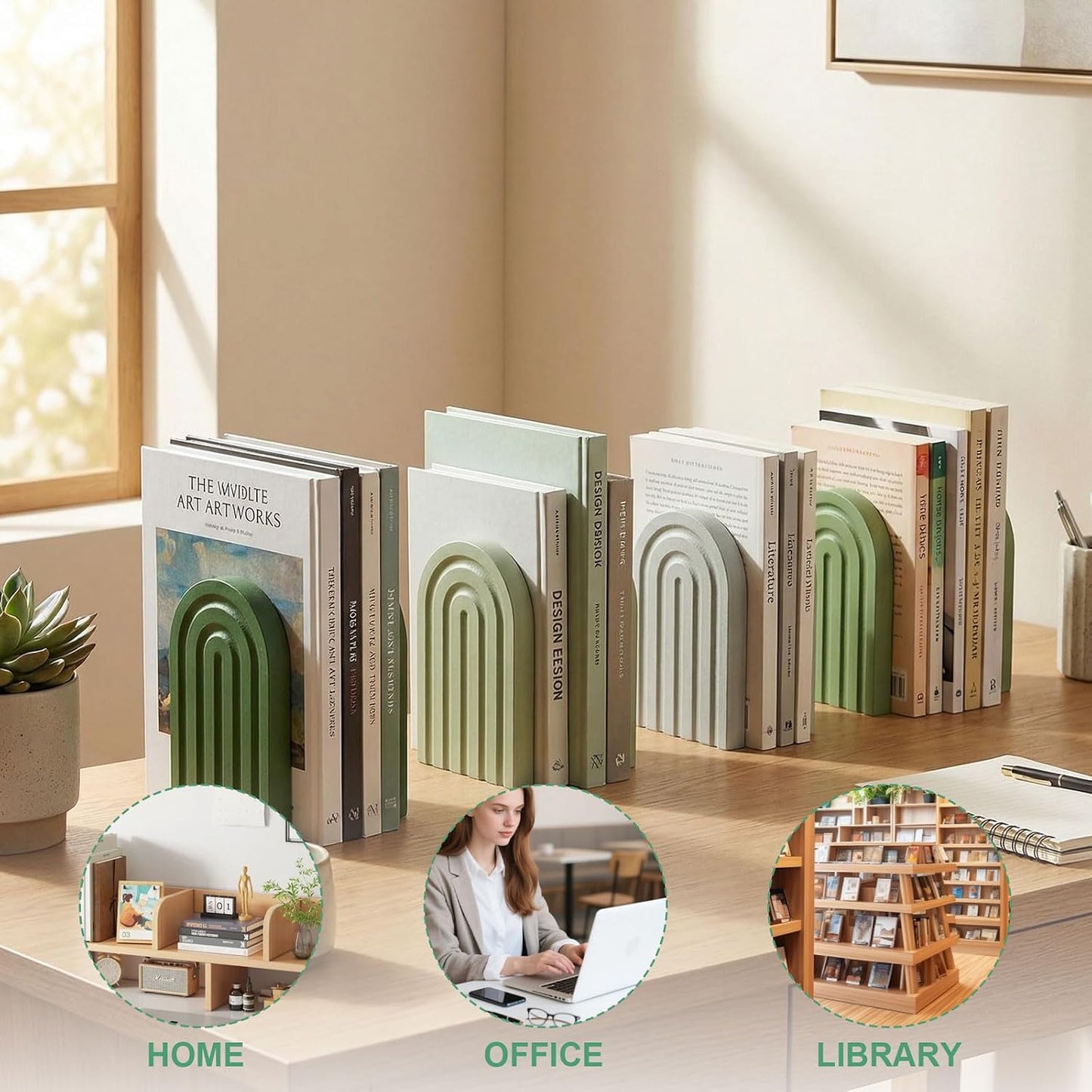 Boho Arch Wood Bookends Sage Rainbow Wooden Book Stands / Green / Set of 4