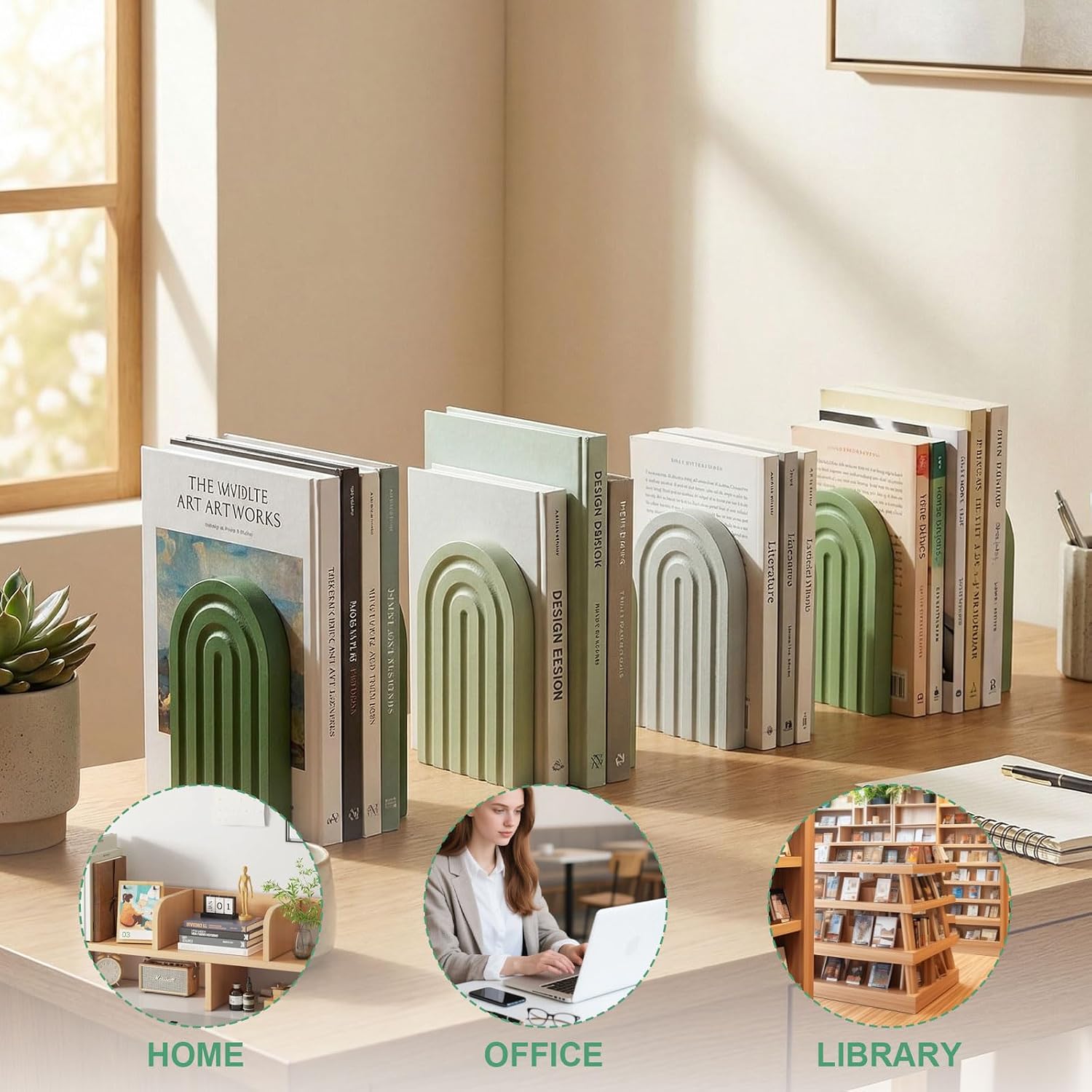 Boho Arch Wood Bookends Sage Rainbow Wooden Book Stands / Green / Set of 4