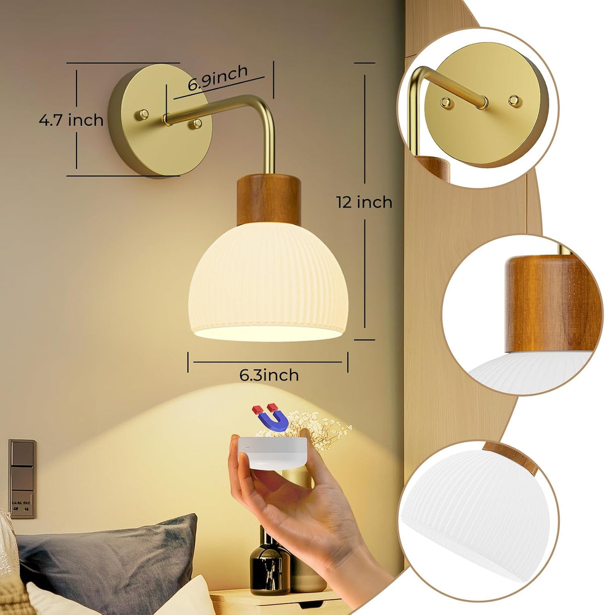 Glass Battery Operated Wall Sconces Set of 2, Rechargeable Wall Lamp with Remote, 12 Colors Dimmable Wireless Sconces