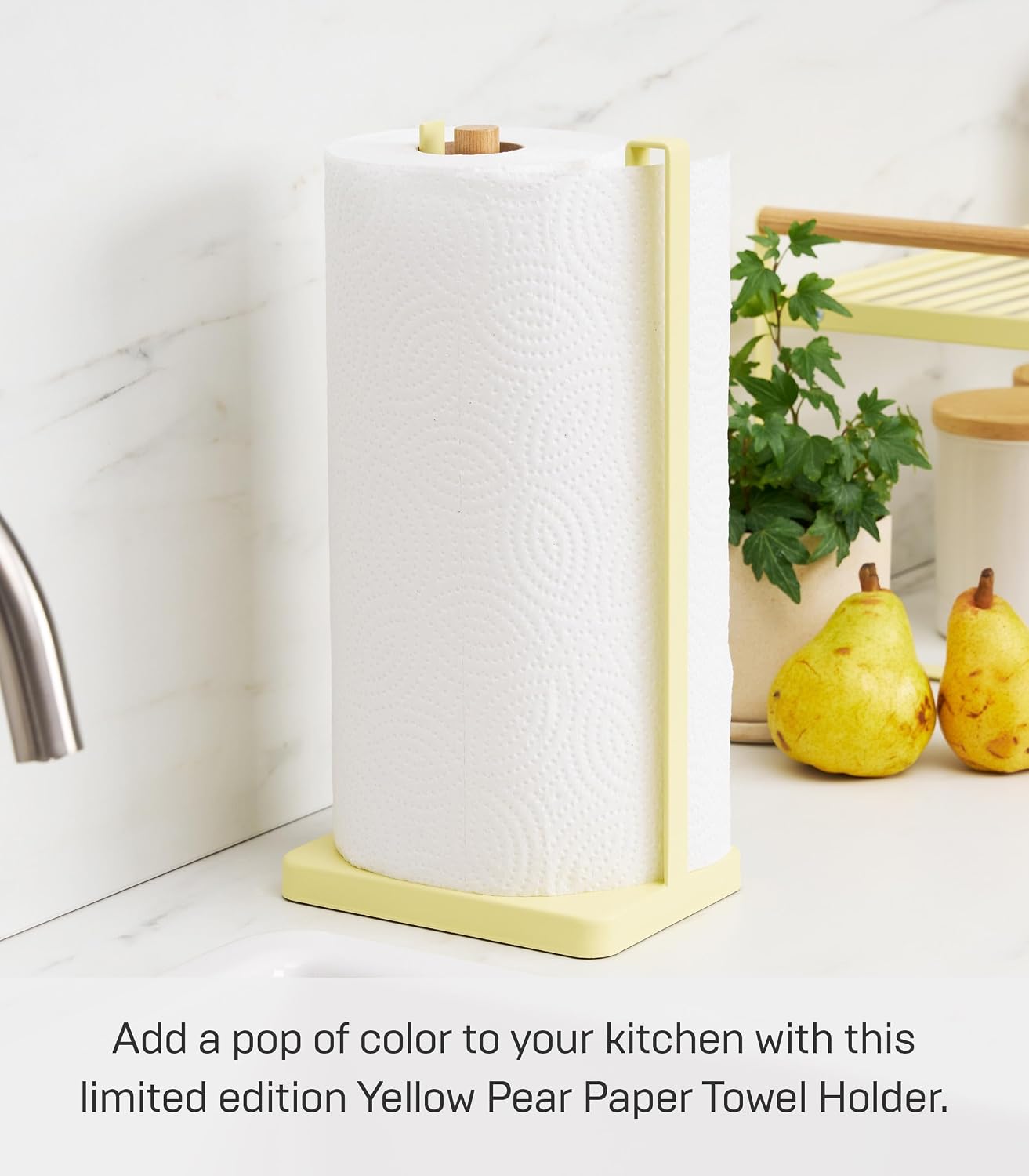 Yamazaki Home Tosca One-Handed Tear Paper Towel Holder - Kitchen Storage Rack - Steel + Wood