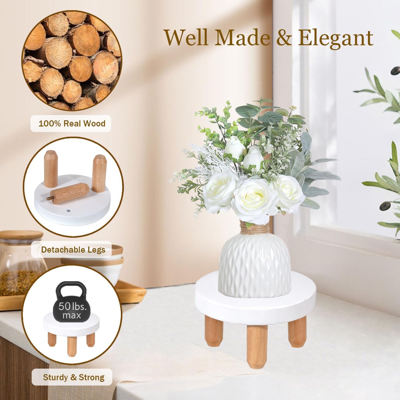 Decorative Round Wood Desktop Plant Stand Mid Century Kitchen Counter Pedestal Stand / White