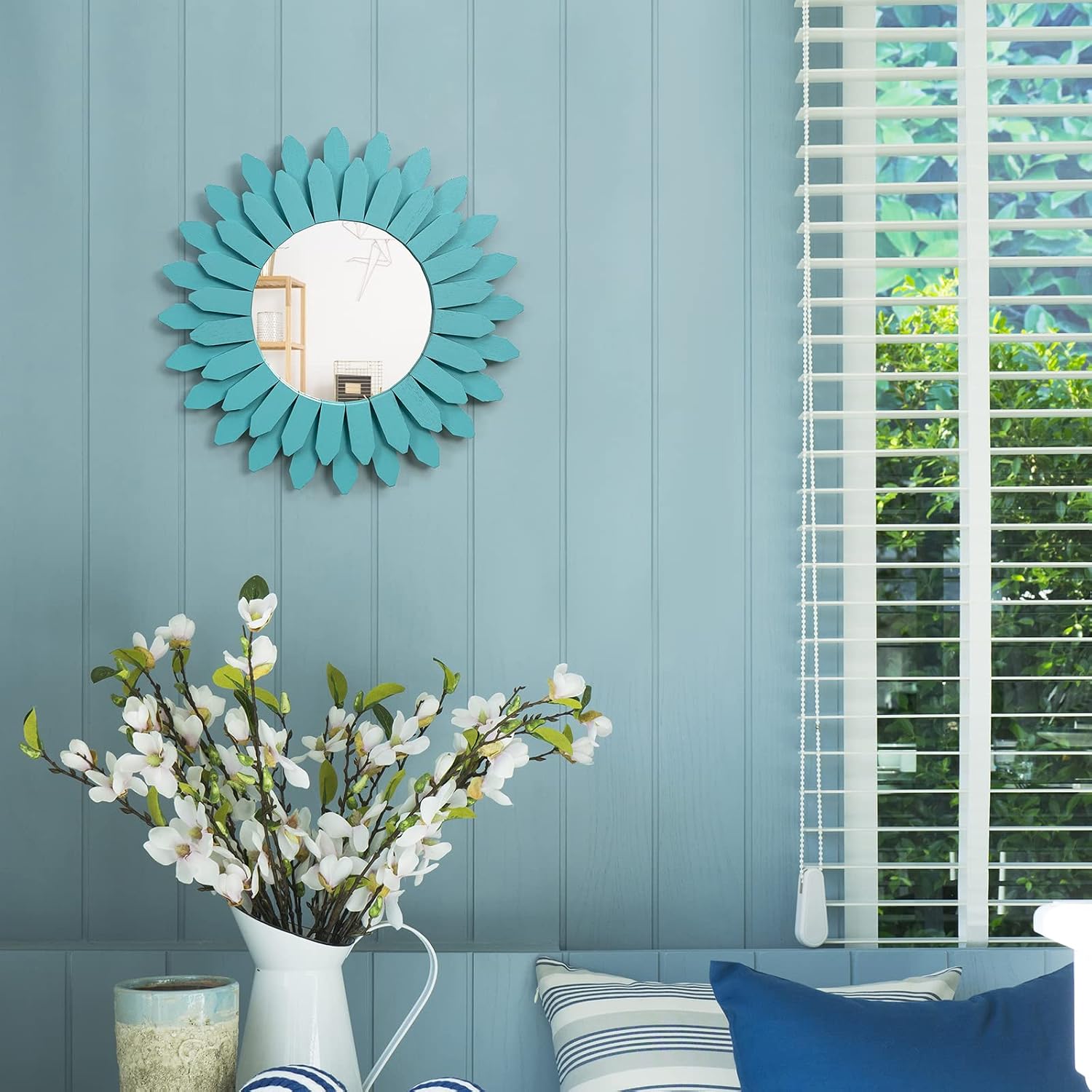 Beach Wall Decor Mirror Wood Coastal Wall Decor Sunburst Boho Home Decor Room Decor / Cyan / 12 Inch