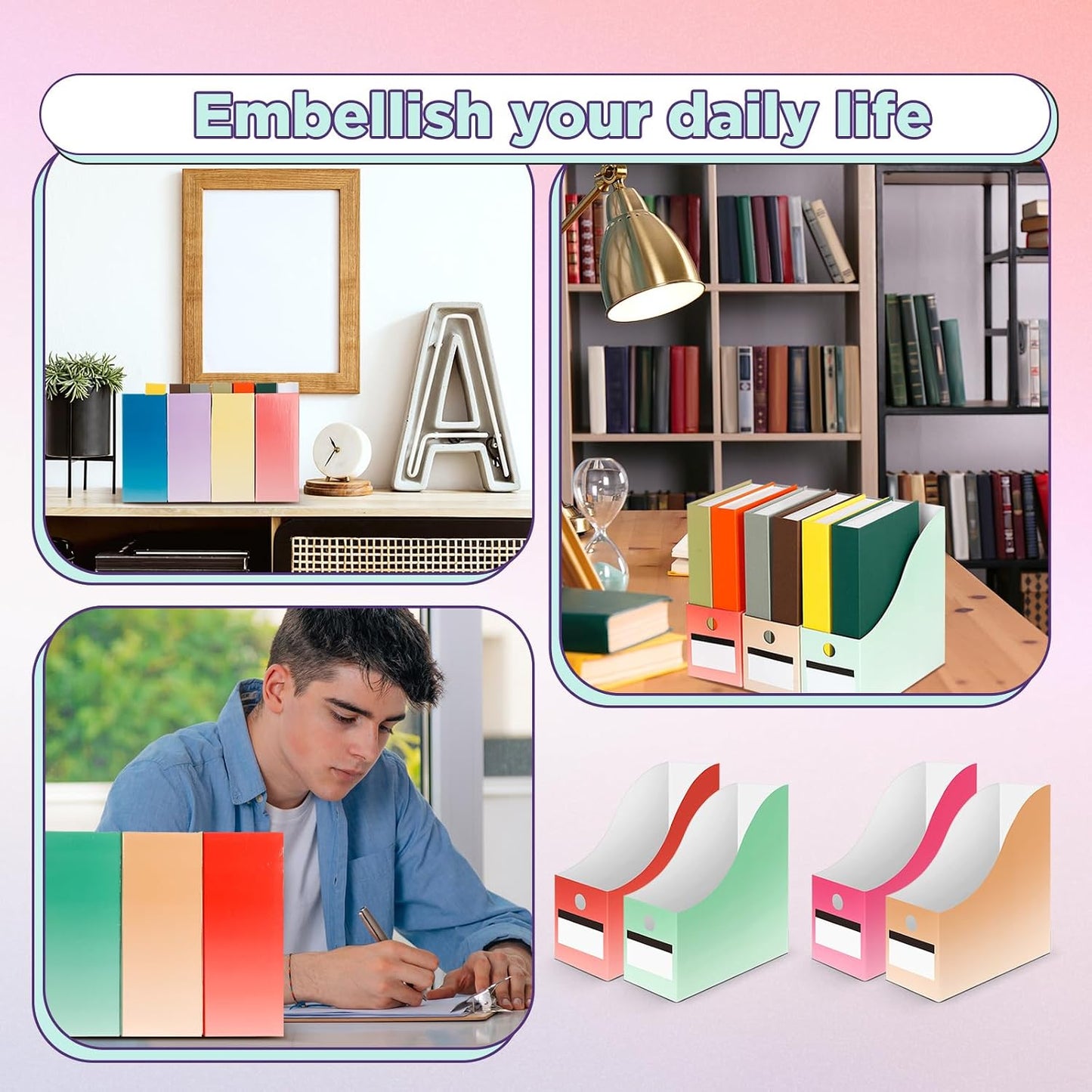 32 Pcs Magazine File Holder Set Including Colored Foldable Desk File Holder Organizer White Label Stickers Cat Pen