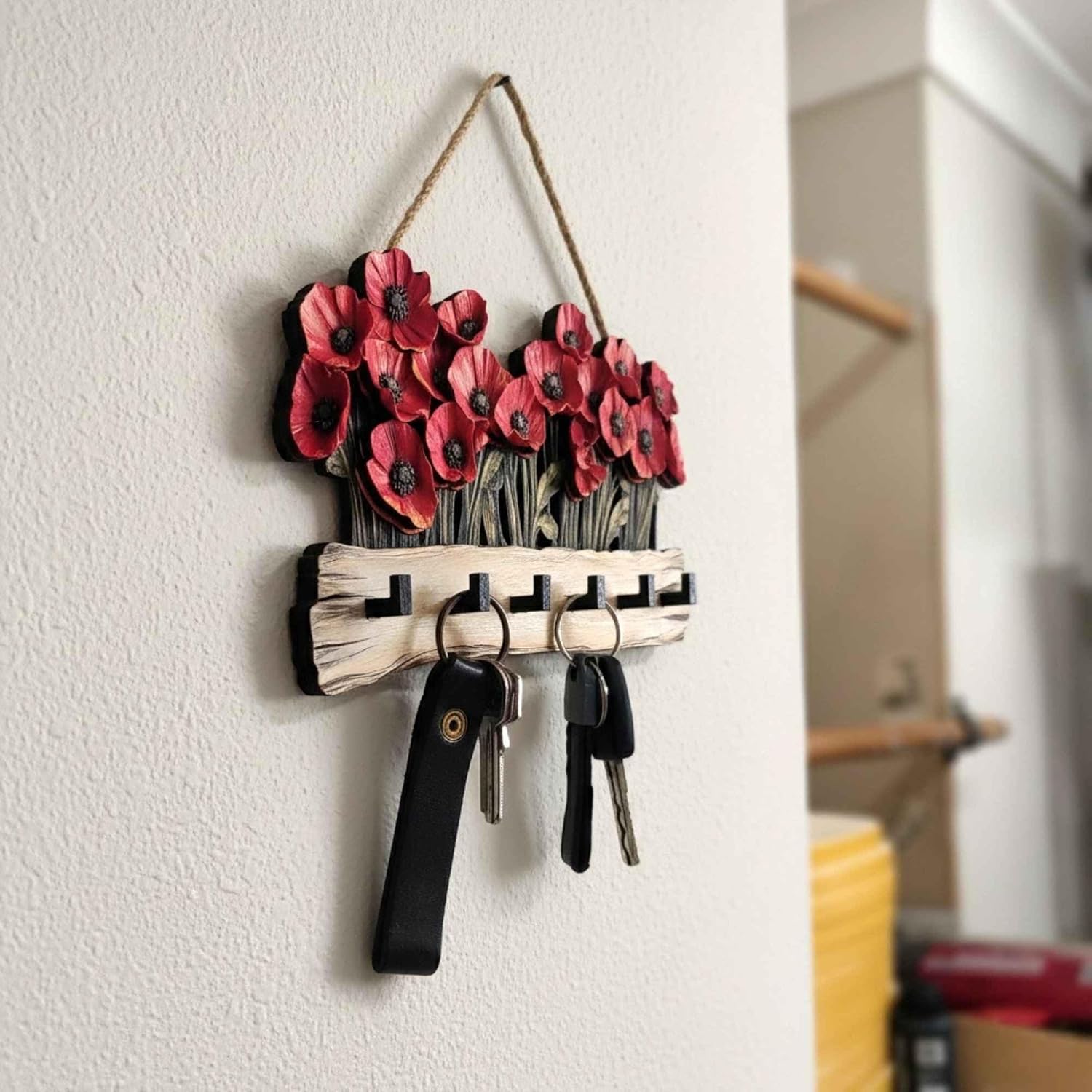 Wooden Key Holder / Rustic Poppy Flower Key Rack