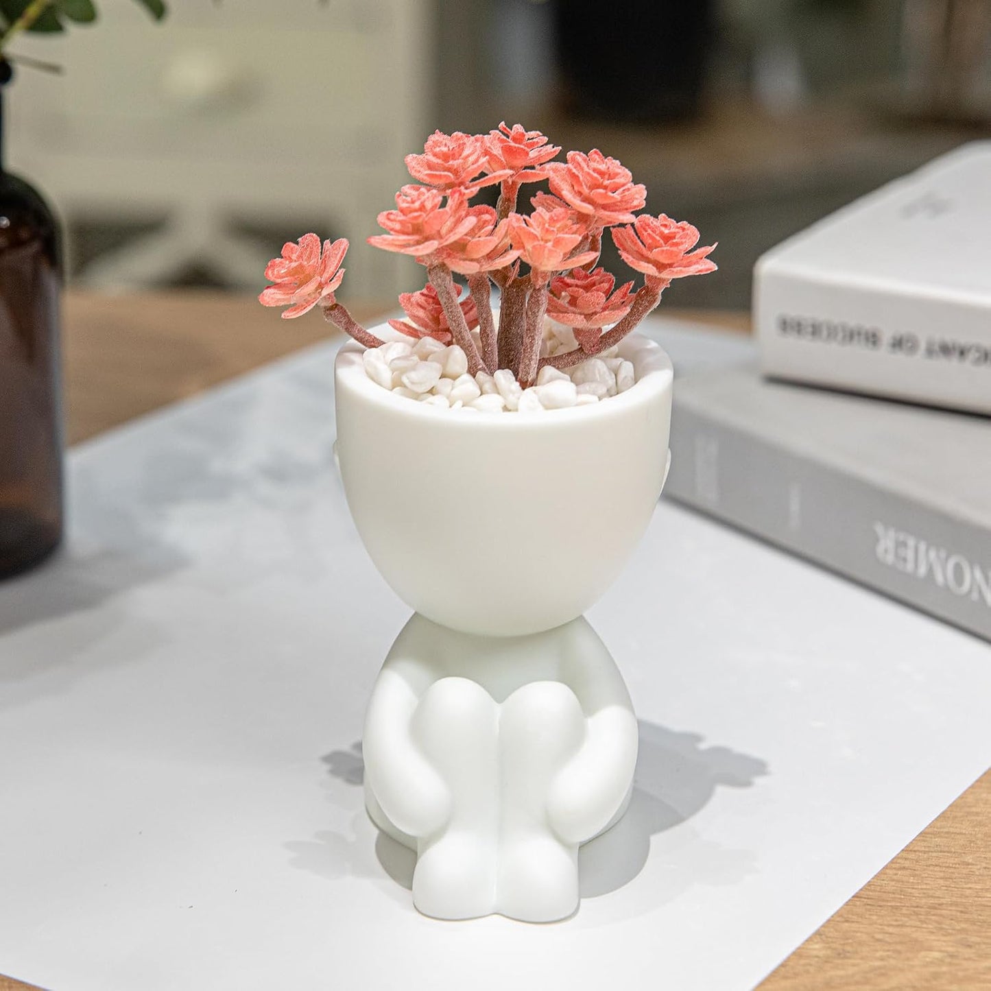 Artificial Plant Office Decor for Women and Men / Set, White Pots Pink Plant / Set of 3