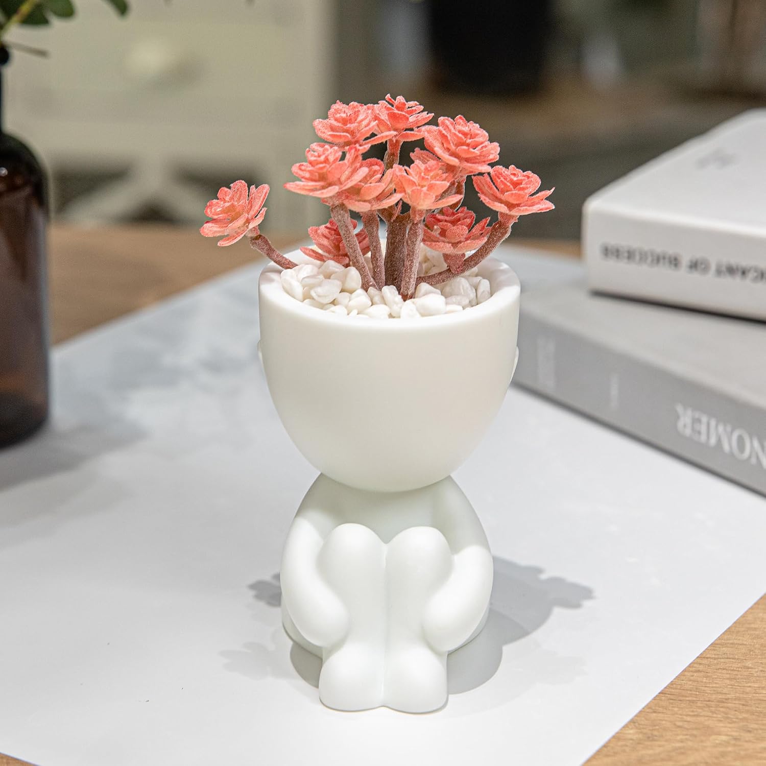 Artificial Plant Office Decor for Women and Men / Set, White Pots Pink Plant / Set of 3