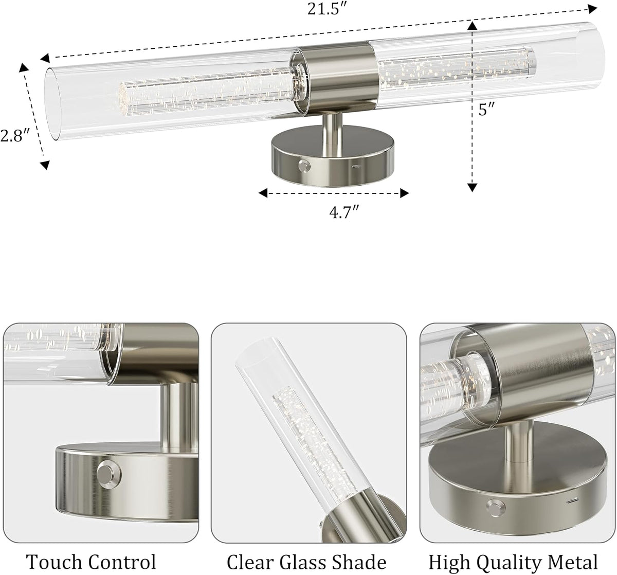 Nickel Wall Sconces Battery Operated with Remote Control, 21.5 Inch 3CCT | Rechargeable Wall Sconce with Timer