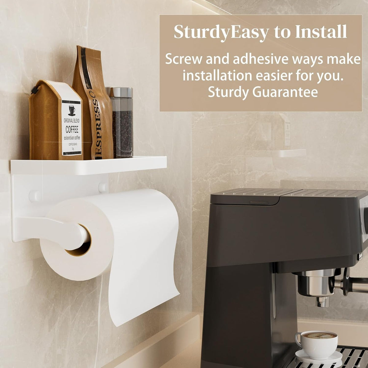 White Paper Towel Holder with Shelf, Wall Mount Paper Towel Holder for Bathroom Kitchen, Hand Towel Rack Holder,Paper