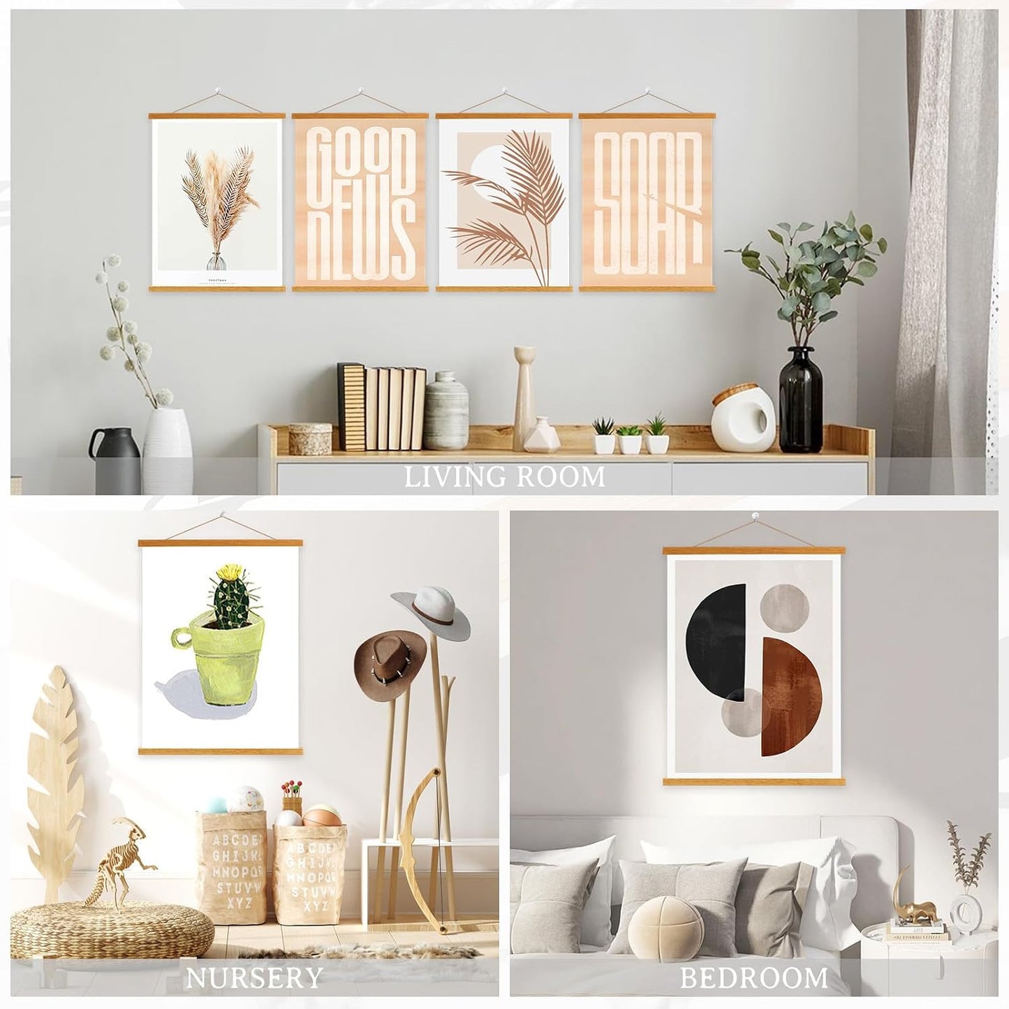 Benjia 4 Pack 24x36 24x18 Poster Frame, Light Wood Wooden Magnetic Poster Hangers Frames for Photo Picture Canvas