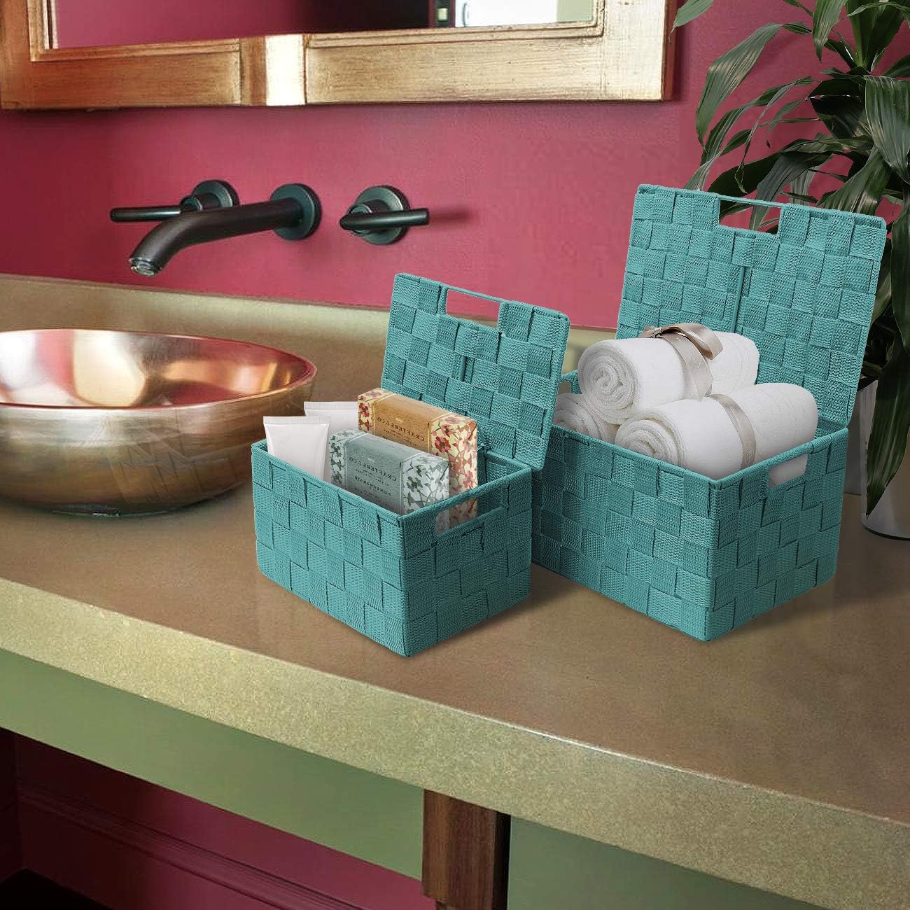 Hand-Woven Storage Baskets / Lid Bins / Aqua / Set of 3
