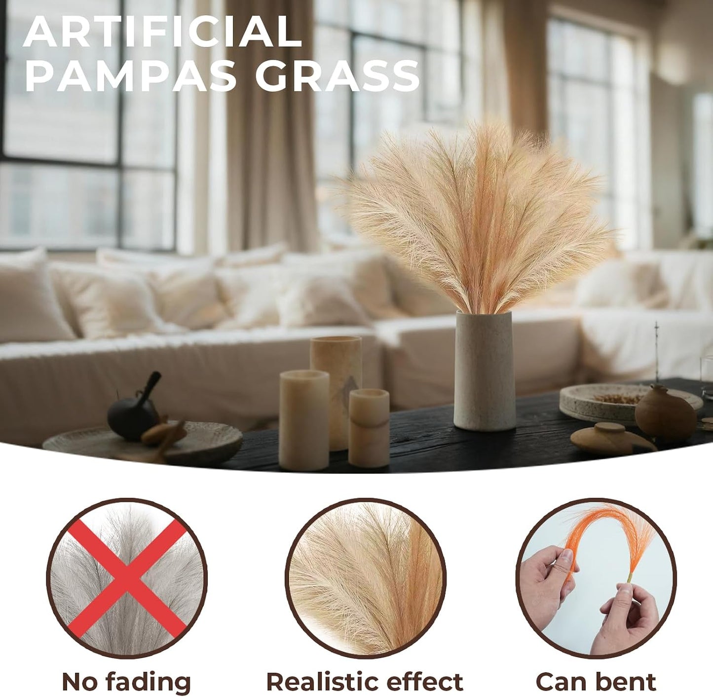 Artificial Pampas Grass 21.6" Faux Dried Flowers Pompas Grass Bouquet / Beige & Brown / Set of 40