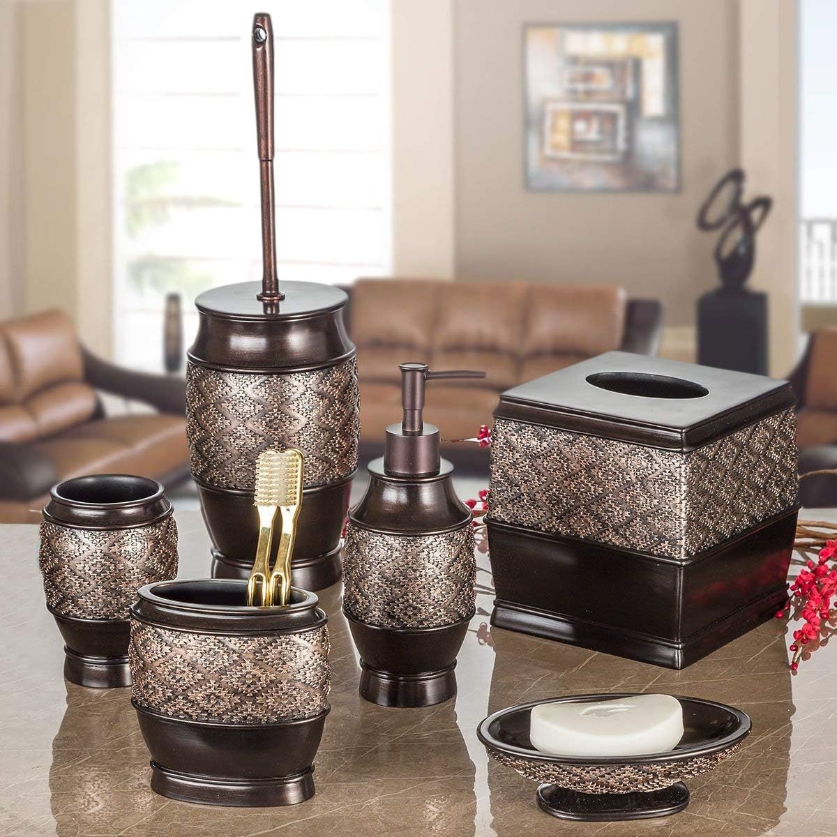 Creative Scents Dublin Brown Small Bathroom Trash Can with Lid - 1.3 Gal / 4.8L Decorative Oval Waste Basket - Durable
