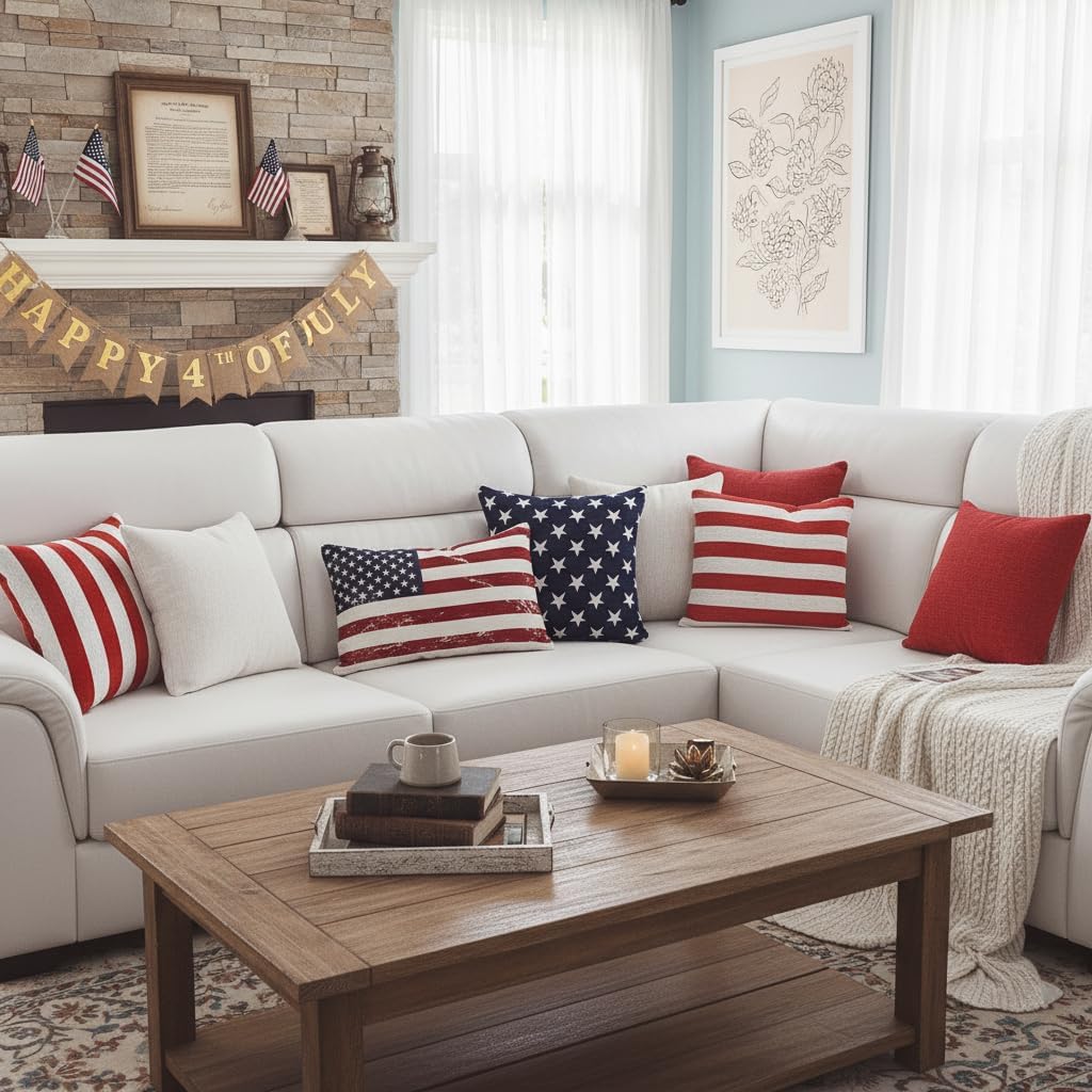 Soft Chenille &White Striped Pillow Cover / Stars and Stripes / 18 x 18 / Red / Set of 2