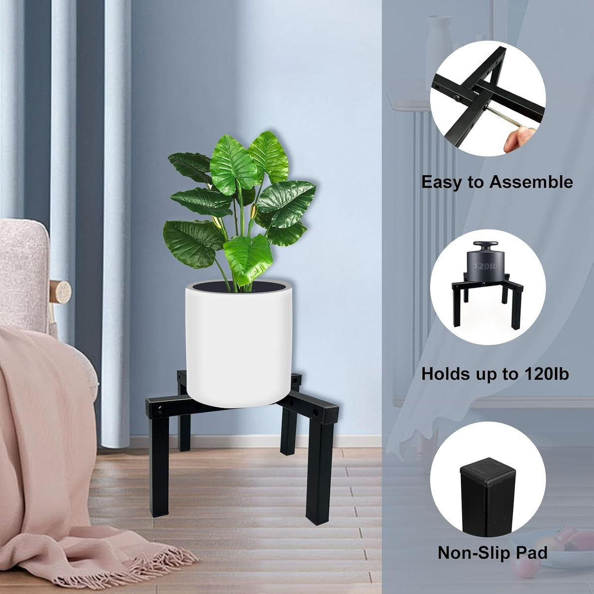 4 Pcs Four Legs Adjustable Metal Plant Stand for 5"-10" Plant Pot – Indoor & Outdoor (Black, 4 Pack)