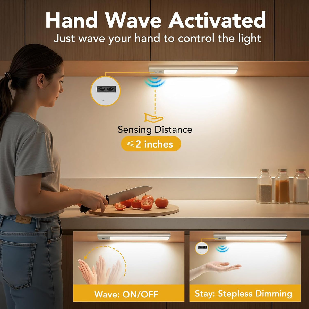 Rechargeable Under Cabinet Lights, 11.8 Inch Motion Sensor LED Light Bars with Hand Wave Control, Dimmable 3 Color