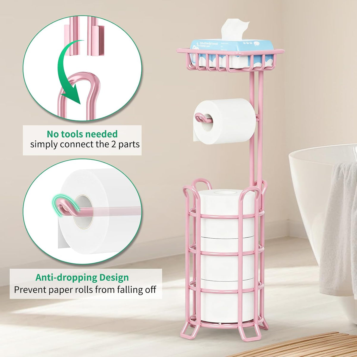TomCare Toilet Paper Holder Free Standing with Shelf, Stable 4 Raised Feet | Stores 4 Mega Rolls, Tool-Free Assembly