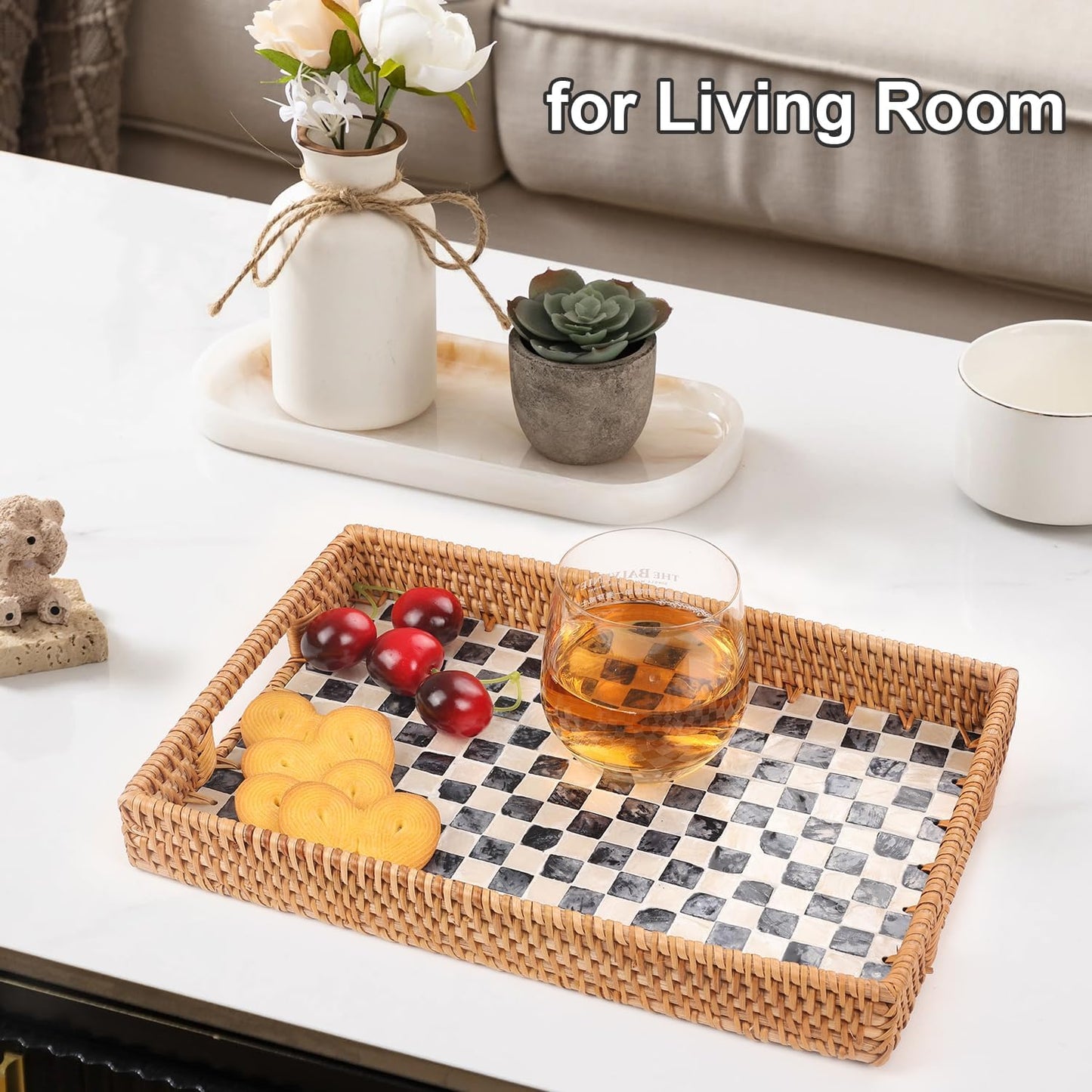 Rattan Serving Tray / Black Checkerboard