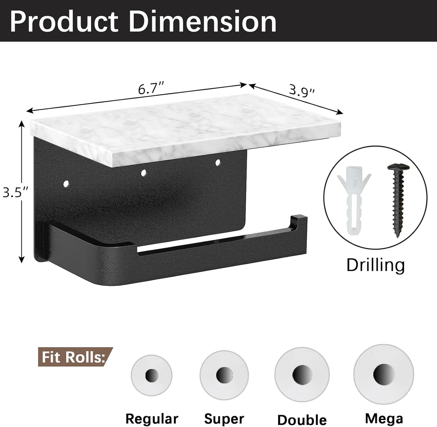 Gypie Toilet Paper Holder with Marble Shelf, Wall Mounted Matte Black | Toilet Roll Holder Black for Bathroom Washroom