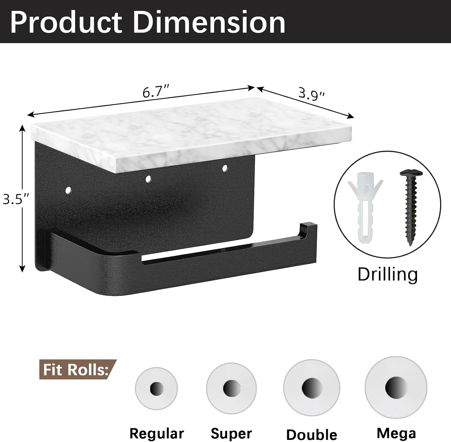 Gypie Toilet Paper Holder with Marble Shelf, Wall Mounted Matte Black | Toilet Roll Holder Black for Bathroom Washroom