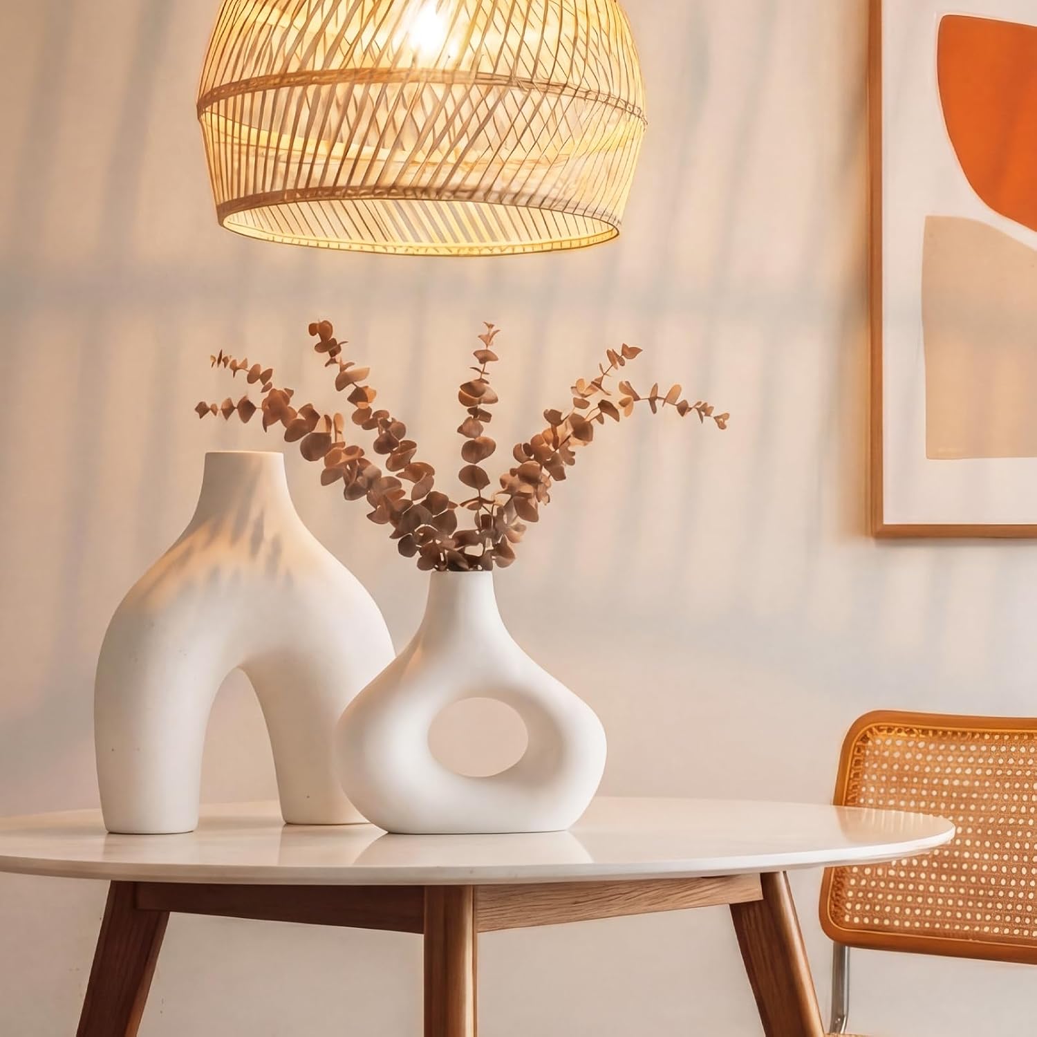 Mid Century Modern Decor Ceramic Donut Vases / White / Set of 2