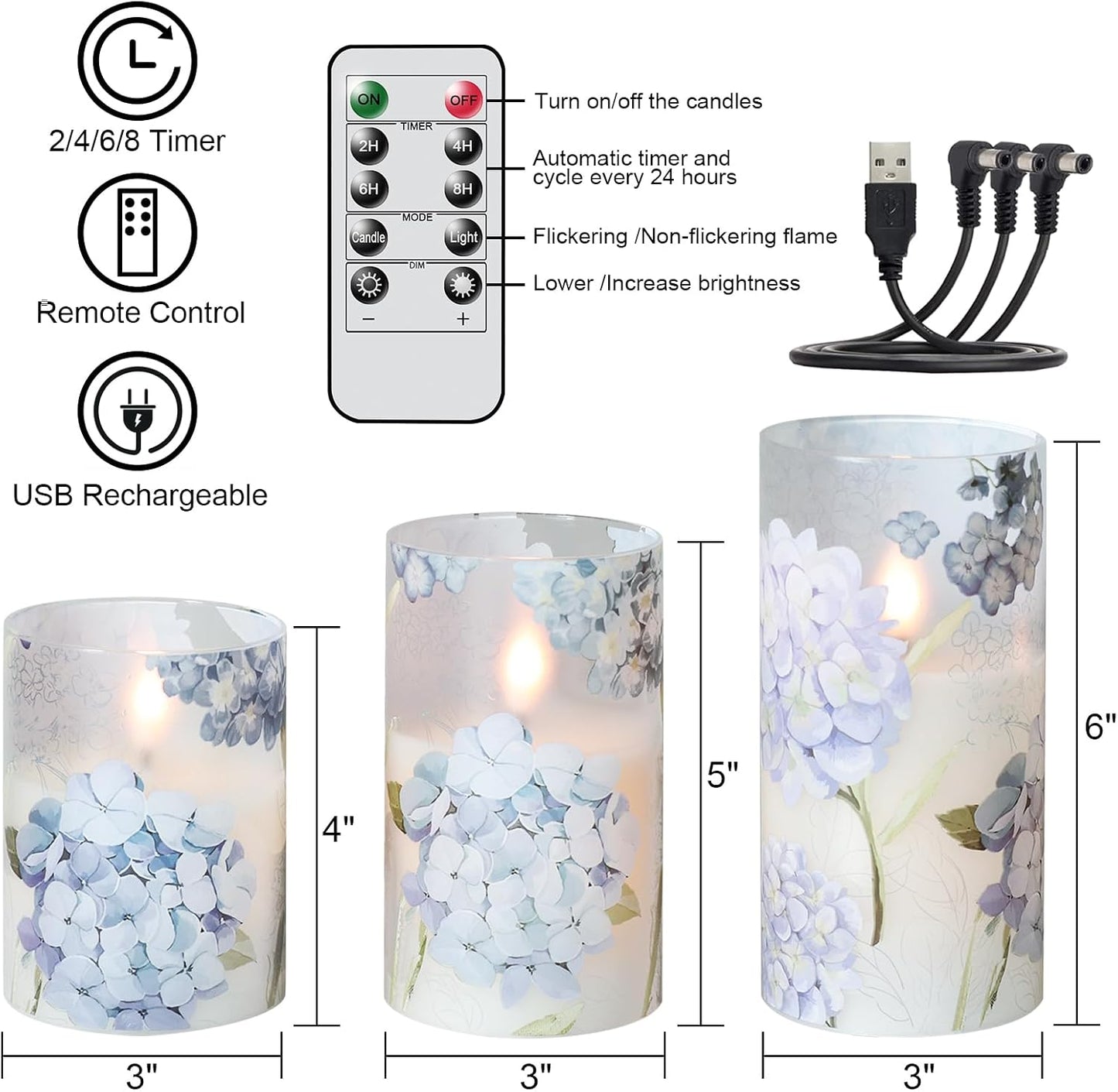 Rechargeable Hydrangea Glass Flameless Candles with Remote Timer | Battery Operated LED Pillar Candle, Real Wax 3D Wick