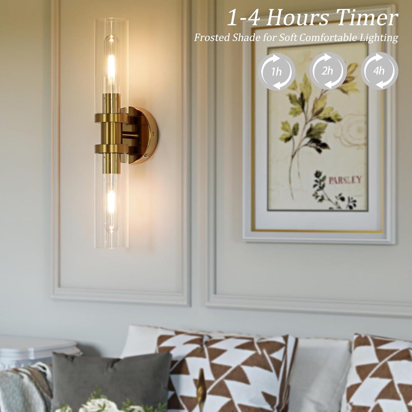 Battery Operated Wall Sconces, Wall Lights, Gold, 16.5 Inch, Easy Install | Glass Dimmable Wireless Rechargeable