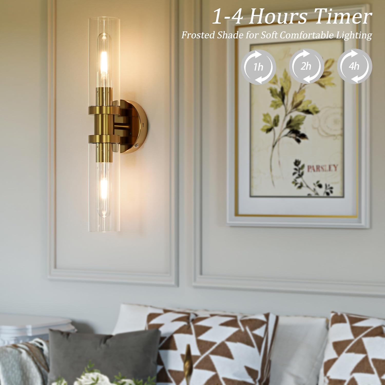 Battery Operated Wall Sconces, Wall Lights, Gold, 16.5 Inch, Easy Install | Glass Dimmable Wireless Rechargeable