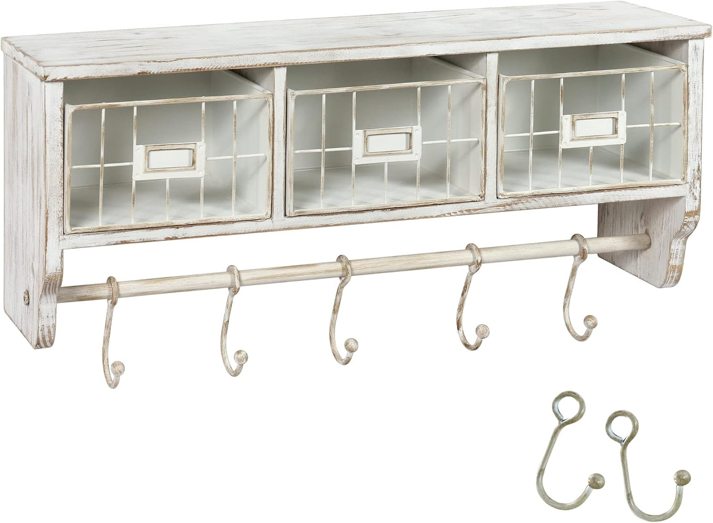 HBCY Creations Wall Mounted Shelf with Coat Hooks and Baskets, Solid Wood Entryway Organizer Wall Shelf with Hooks