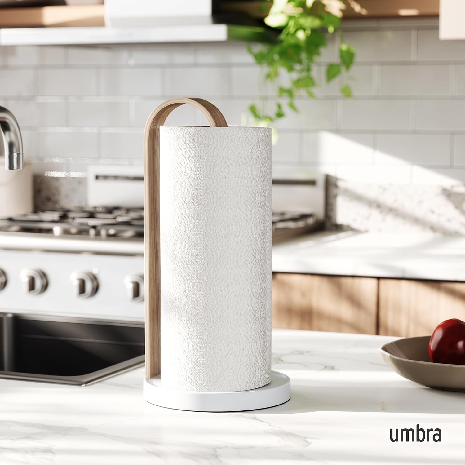 Umbra Bellwood Paper Towel Holder, Wooden with Weighted Base, White/Natural | Freestanding design, protects