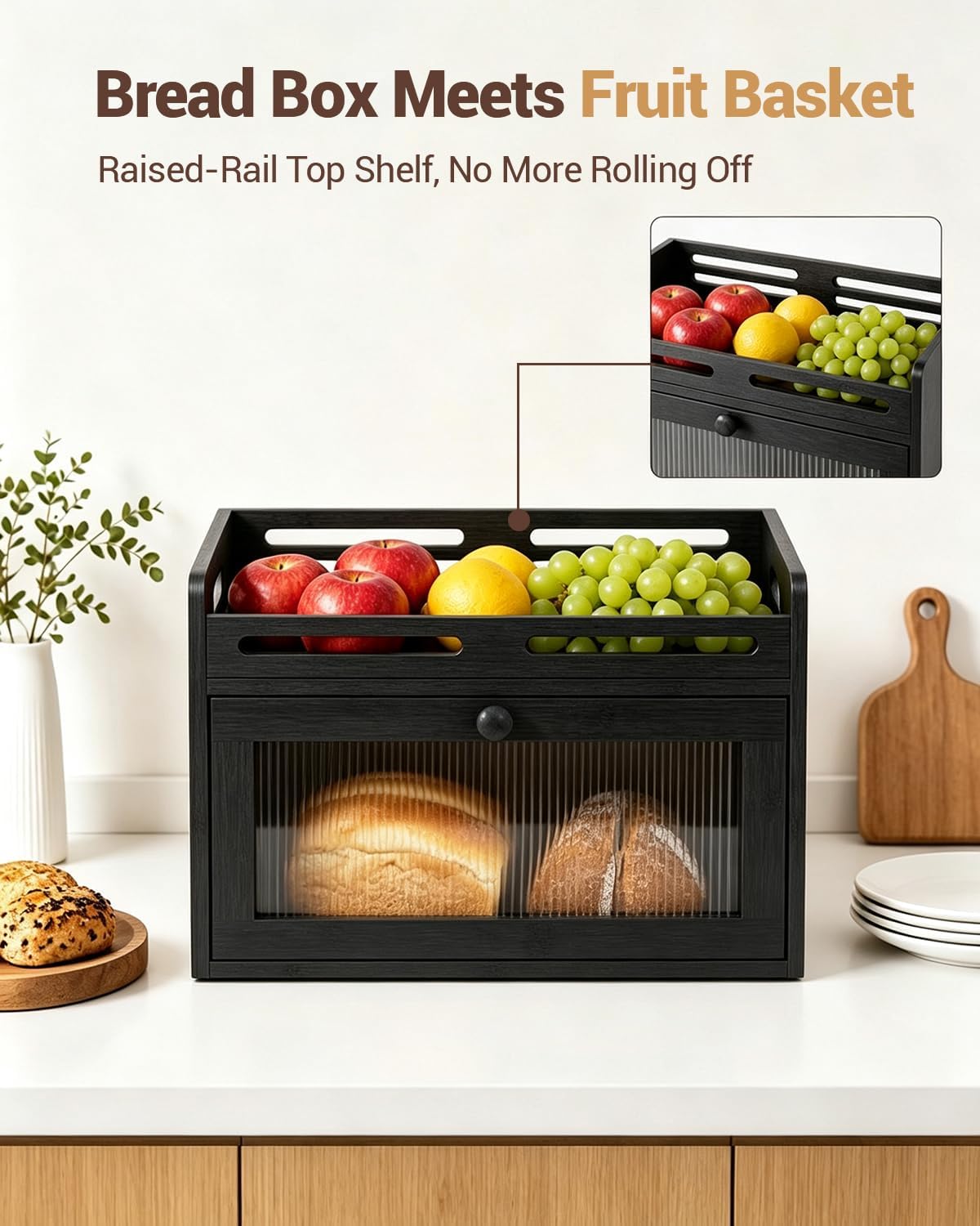 Bread Box for Kitchen Countertop, Bamboo Storage with Top Shelf, Black | Large Capacity, Acrylic Window, Rear Vents