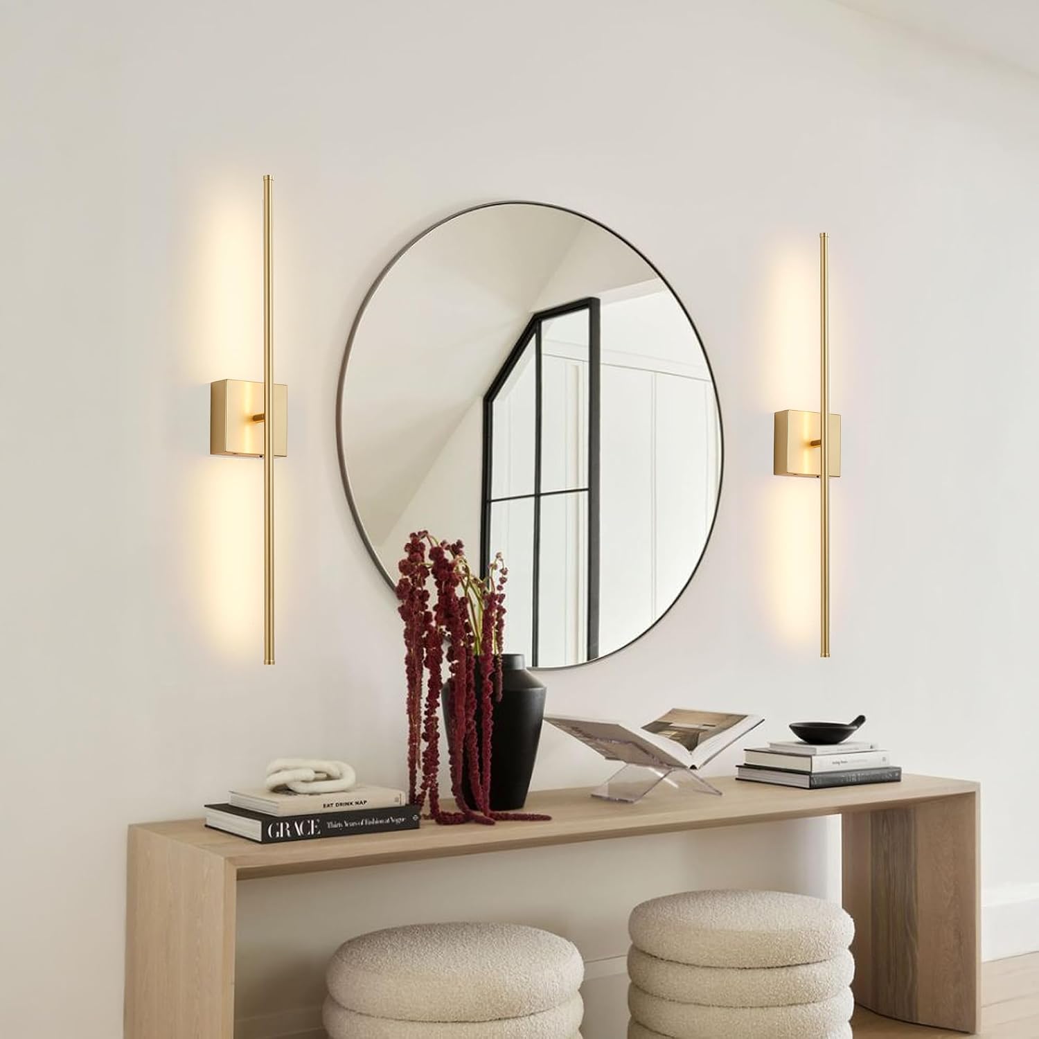 KARTOOSH Battery Operated Wall Sconces Set of 2 Wireless,40.1 Inch Gold | Battery Removable, 3000-6000K, Stepless