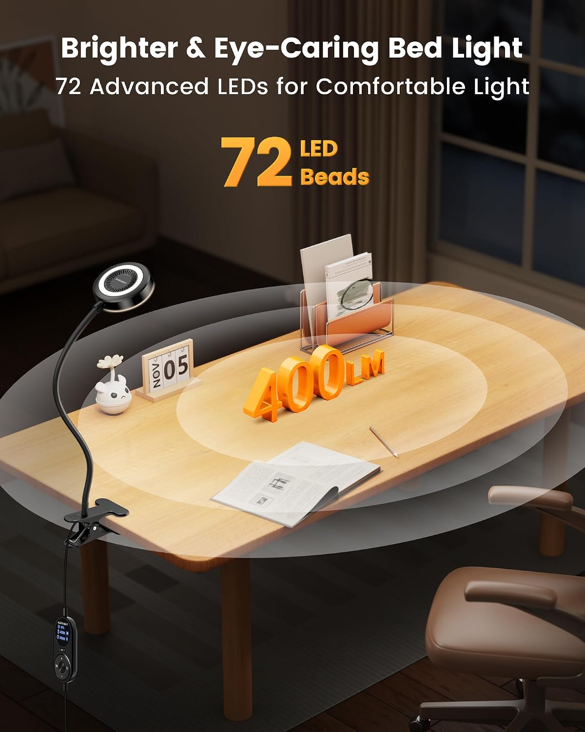 Glocusent 72 LED Clip on Lamp, Reading Lamp with Amber Ring& Amber Mode | 3 Colors & 5 Dimmable Desk Lamp, 2.75" Clamp