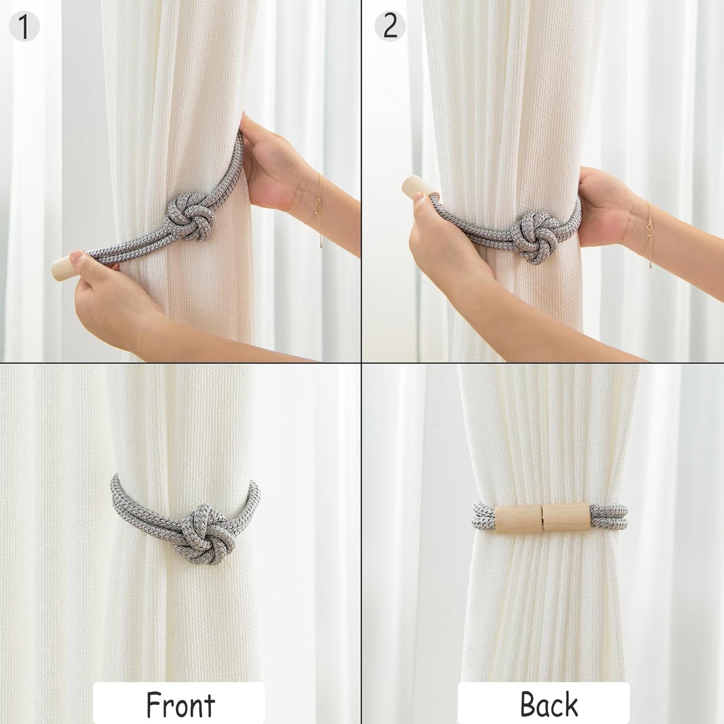 Wood Tie Backs Rope Holder / Silver / Set of 4