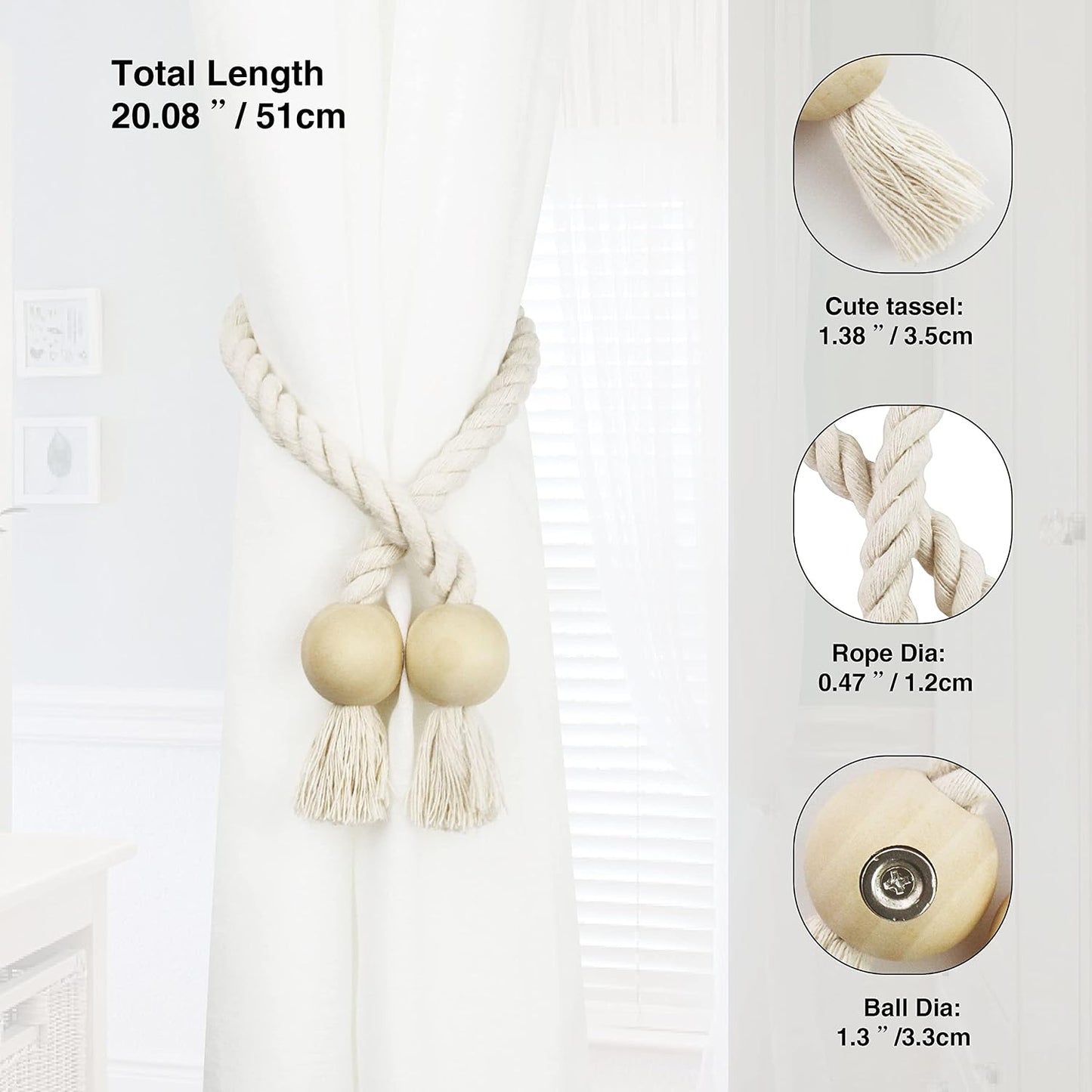 6 Pack Magnetic Curtain Tiebacks Cotton Hand Woven Tie Back Decorative Rope Holdbacks for Curtains Draperies No Tools