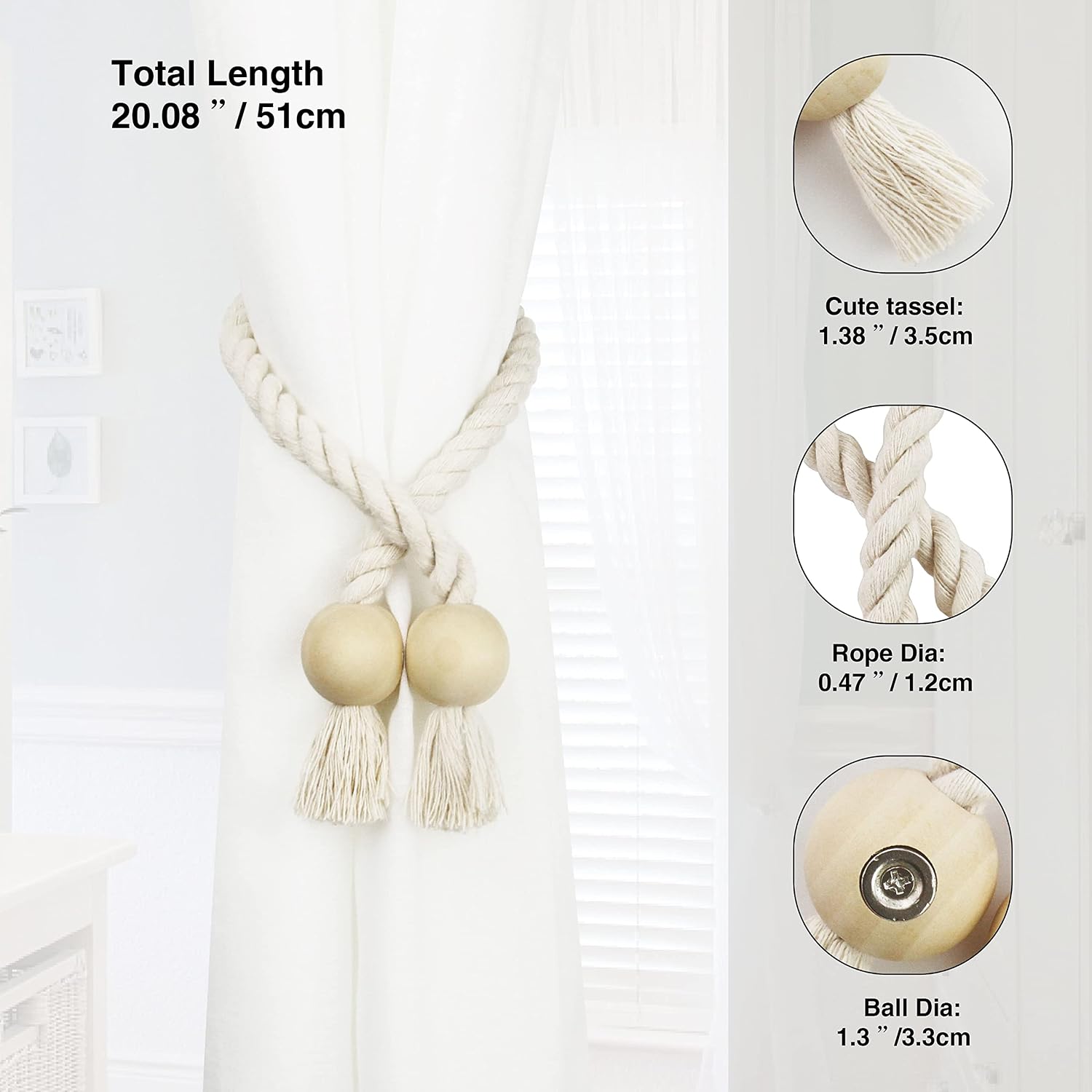 6 Pack Magnetic Curtain Tiebacks Cotton Hand Woven Tie Back Decorative Rope Holdbacks for Curtains Draperies No Tools