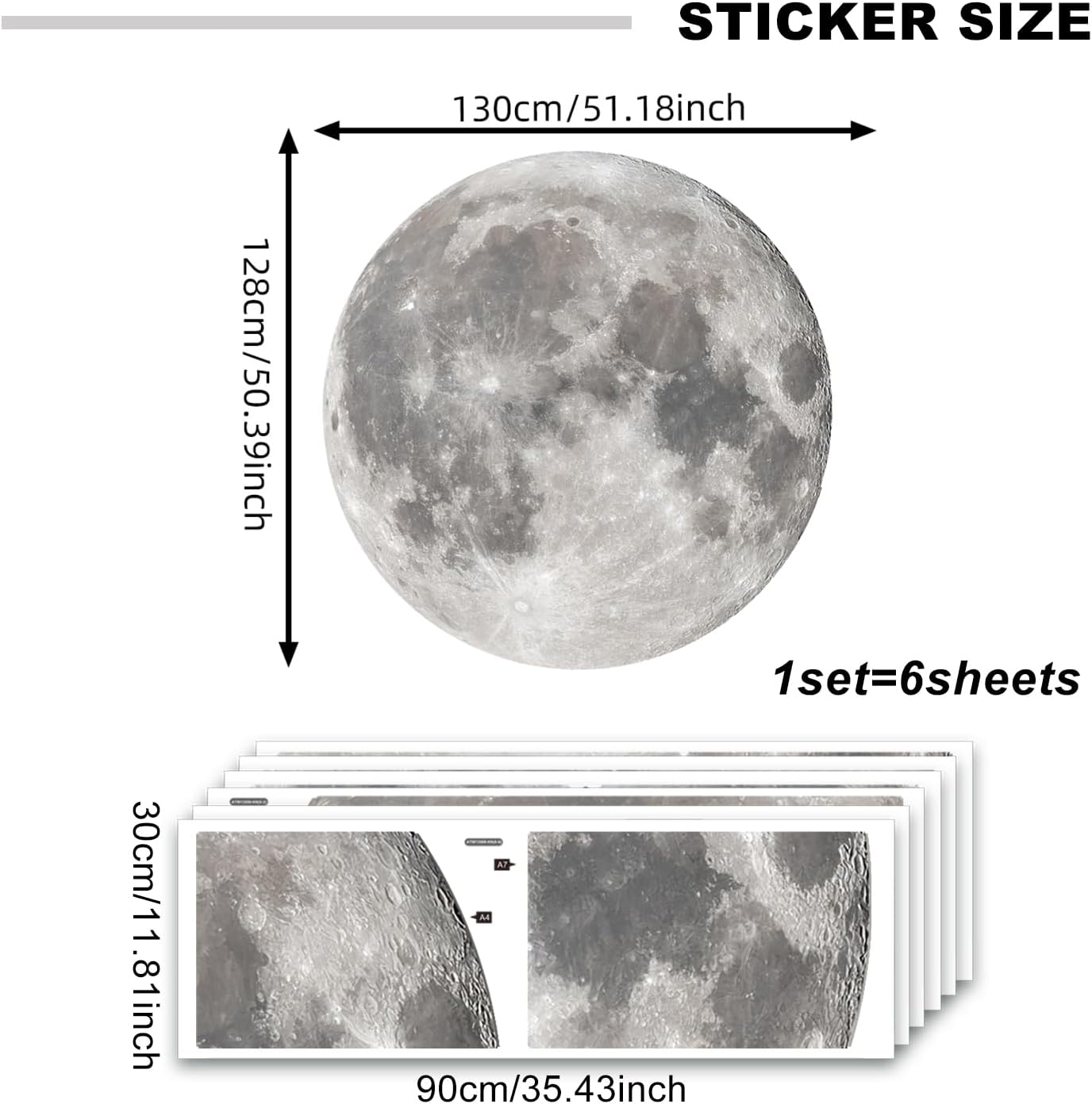 Large Moon Wall Stickers Full Moon Decor Wall Decals 6 Sheets Peel and Stick Wall / Silver Moon