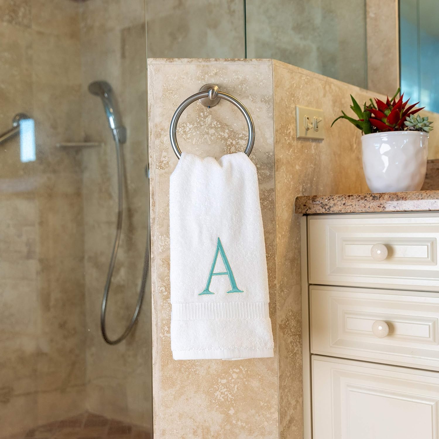 White with Teal Monogrammed Hand Towels for Bathroom - Set of 2 Letter A | Luxury Hotel Quality Initial Towels For