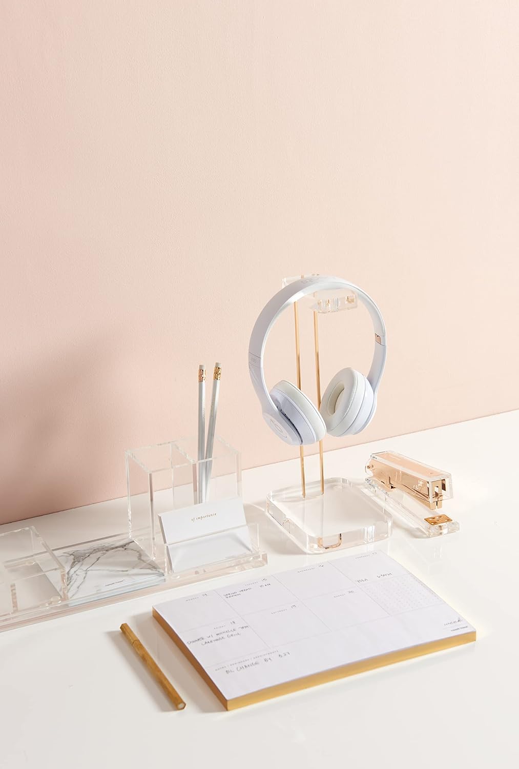 russell+hazel Acrylic Headphone Stand with Gold Hardware, Clear | Displays and stores headphones on a crystal-clear