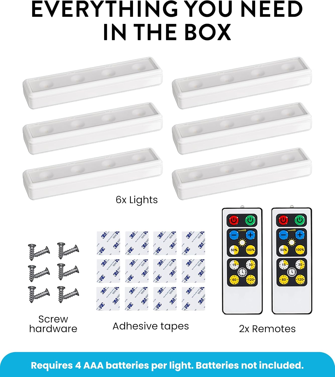 Wireless LED Under Counter Lights with 2 Remote Controls - 6-Pack Battery Operated Under Cabinet Lighting Fixtures
