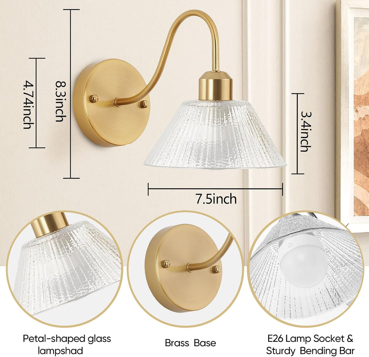 Vintage Battery-Operated Wall Sconces,Wireless Rechargeable Wall Light with Flower Glass Lampshade,Dimmable Wall Lamp