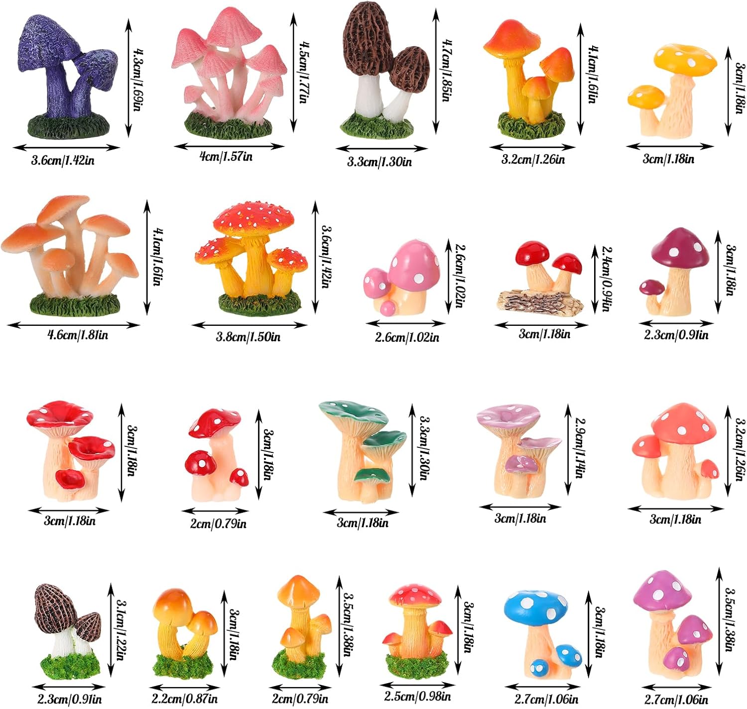 1.3 to Mini Mushrooms Tiny Resin Mushrooms Figures Miniature Little Small / 2 Inch / Set of 21