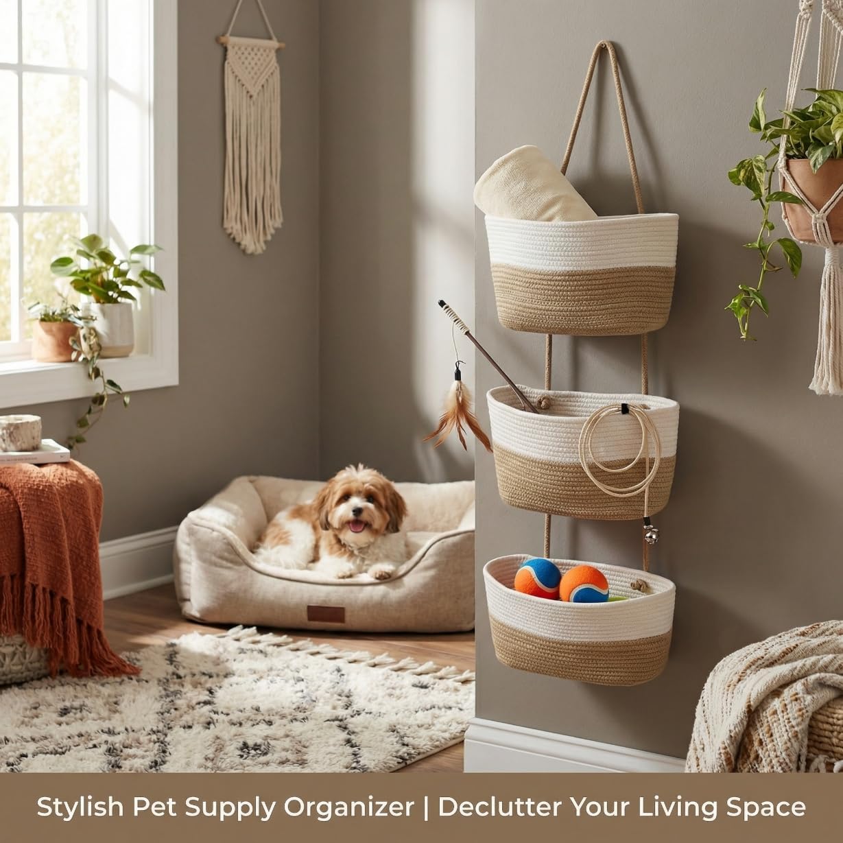 Hooks / Hanging Wall Basket / White&jute