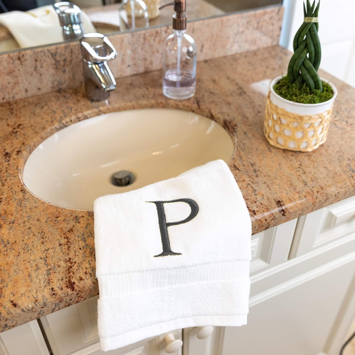 White with Dark Gray Monogrammed Hand Towels for Bathroom Set of 2 Letter P | Luxury Hotel Quality Initial Towels For