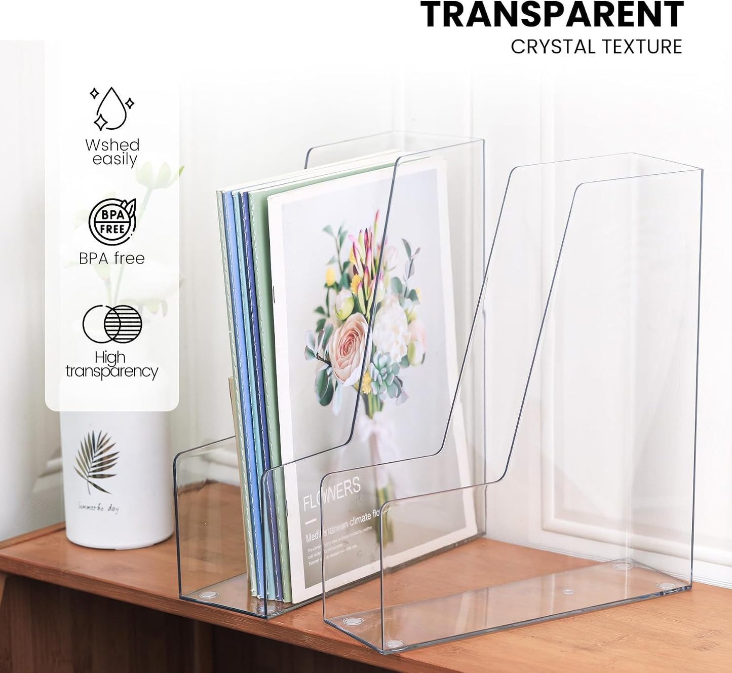 LALOBLUE Vertical Magazine File Holder, Clear, 4 Pack | Plastic, Holds Magazines, Binders, Notebooks, Envelopes, Desk