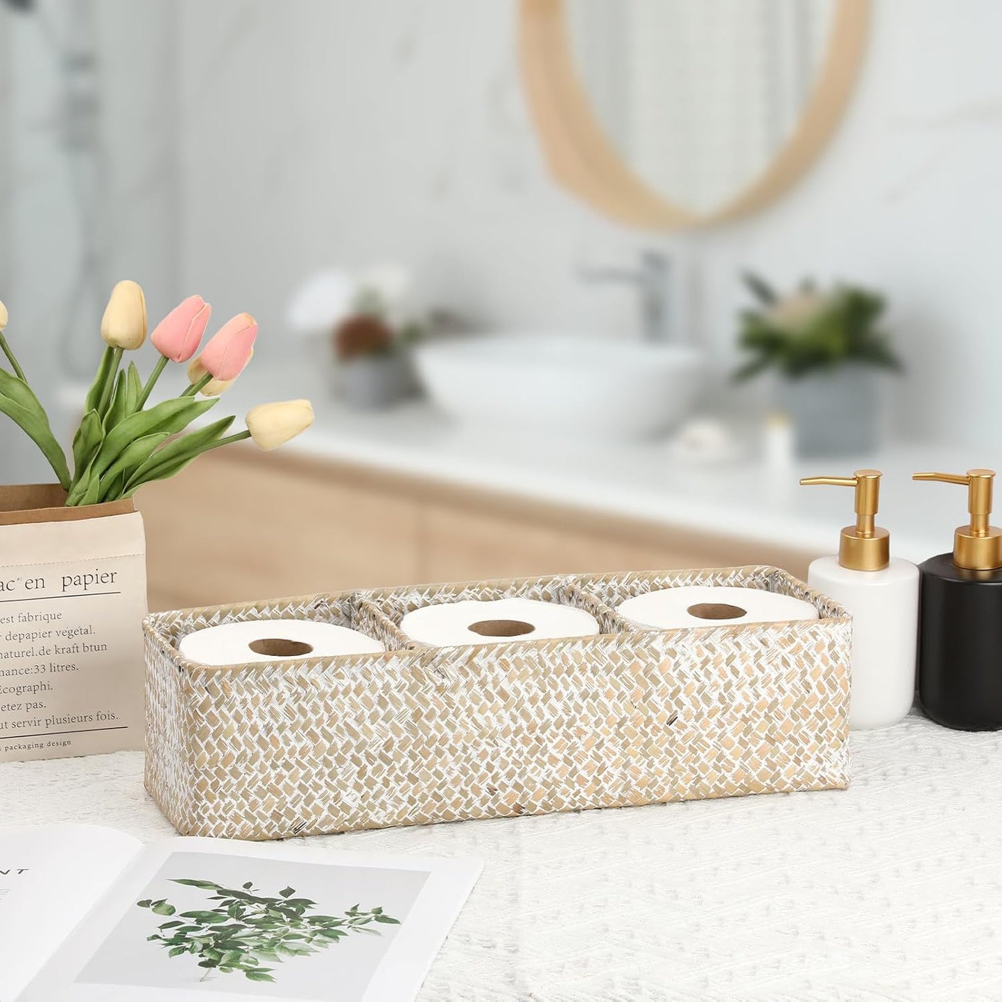 Handwoven Seagrass Storage Basket 3 Sections Toilet Tank Paper Basket Wicker / Large / Whitewash